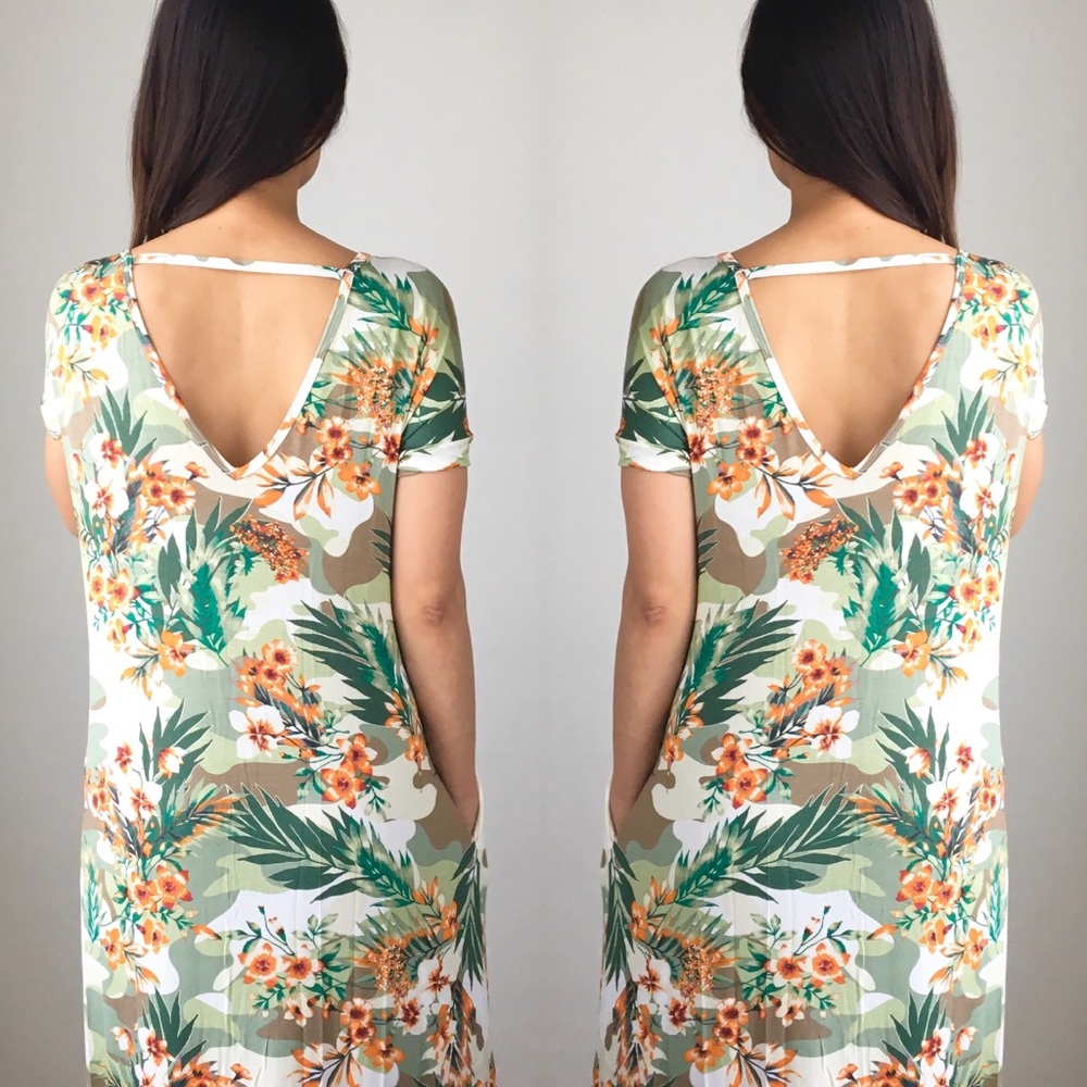 RESORT FLORAL PALM PRINTS MAXI DRESS WITH POCKETS